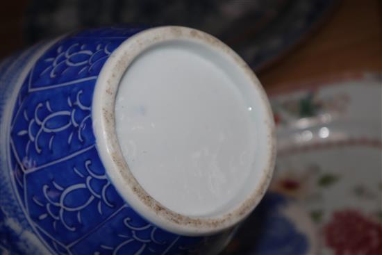 A Chinese famille rose meat platter and four items of blue and white,